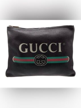 GUCCI Unisex Coquette Vintage-Style Black Leather Logo Print Portfolio Clutch